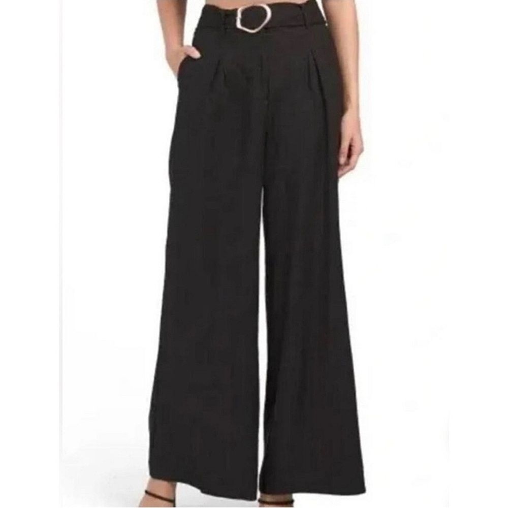 House of Harlow Pants 6 Wide Leg Belt With Gold Bucle Black Linen Blend